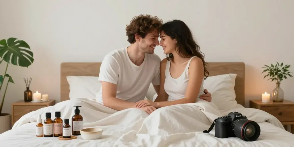 Vxperten - Par i ett lugnt sovrum med naturliga produkter för sexuell hälsa.