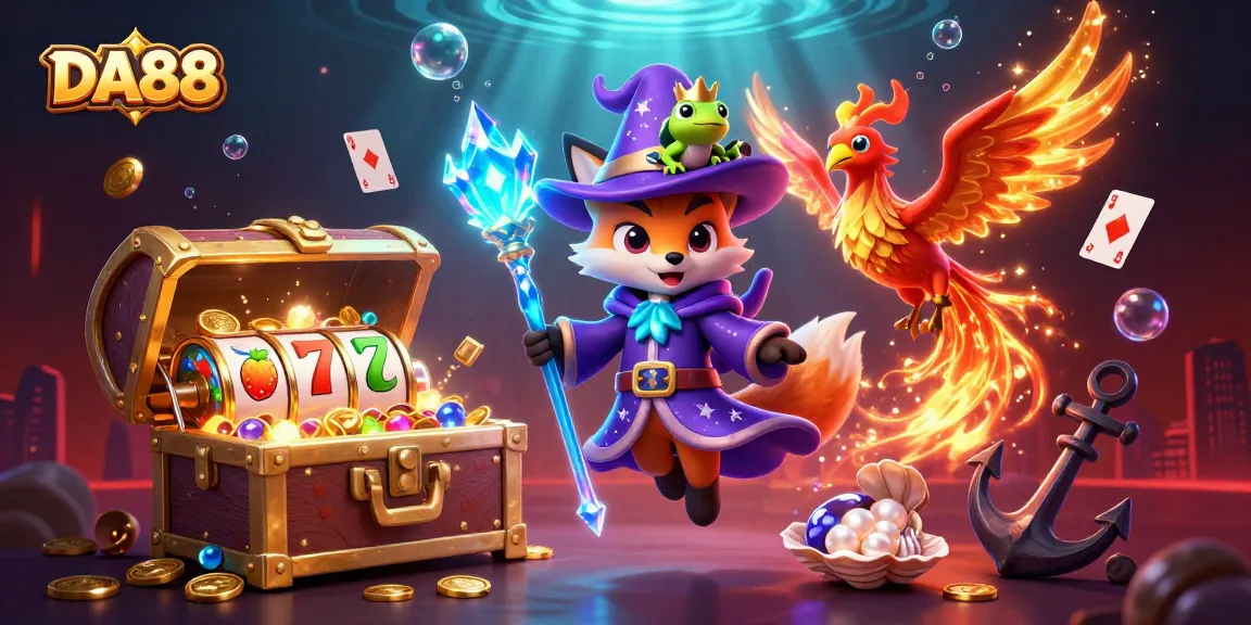 Engage in DA88 casino adventures with a wizard, phoenix, and treasures in vibrant animated art