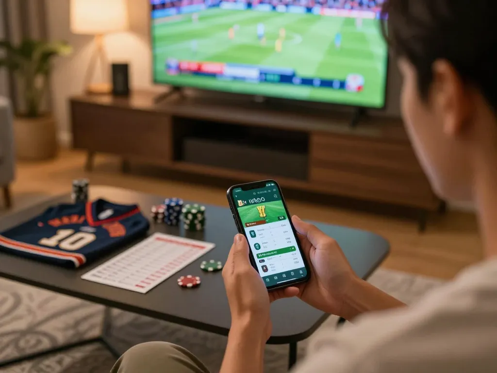 Using kèo nhà cái app on smartphone for sports betting in a cozy home environment