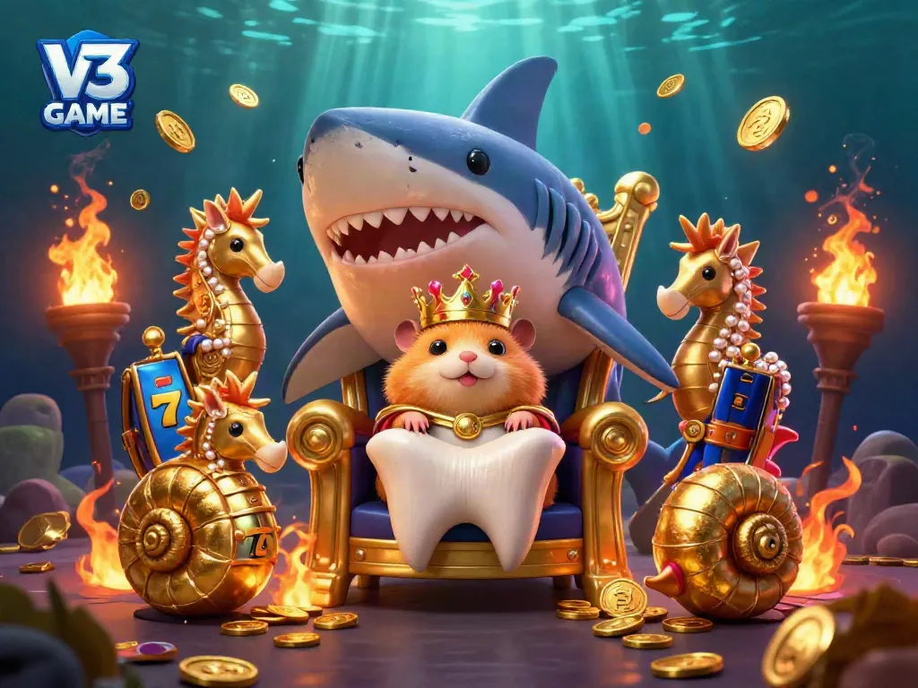Experience the thrilling V3 GAME with a cartoon scene of a hamster king on a shark throne amid colorful slot machines and gold coins.