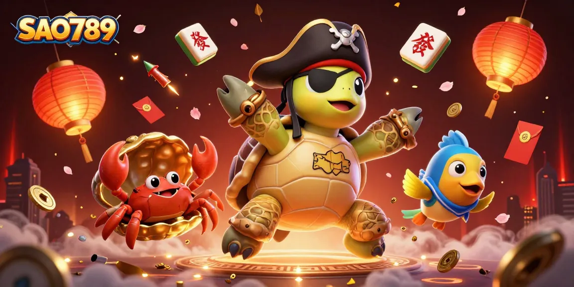 Shoot and win with SAO789, an engaging illustration of a pirate turtle, treasure, and colorful gaming elements.