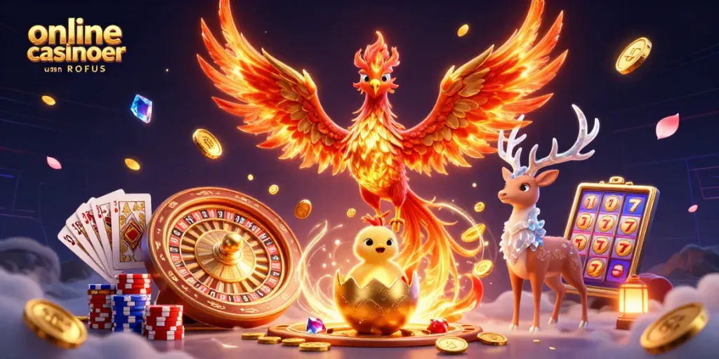 Experience online casinoer uden ROFUS with breathtaking phoenix and casino elements exploding in vibrant colors.