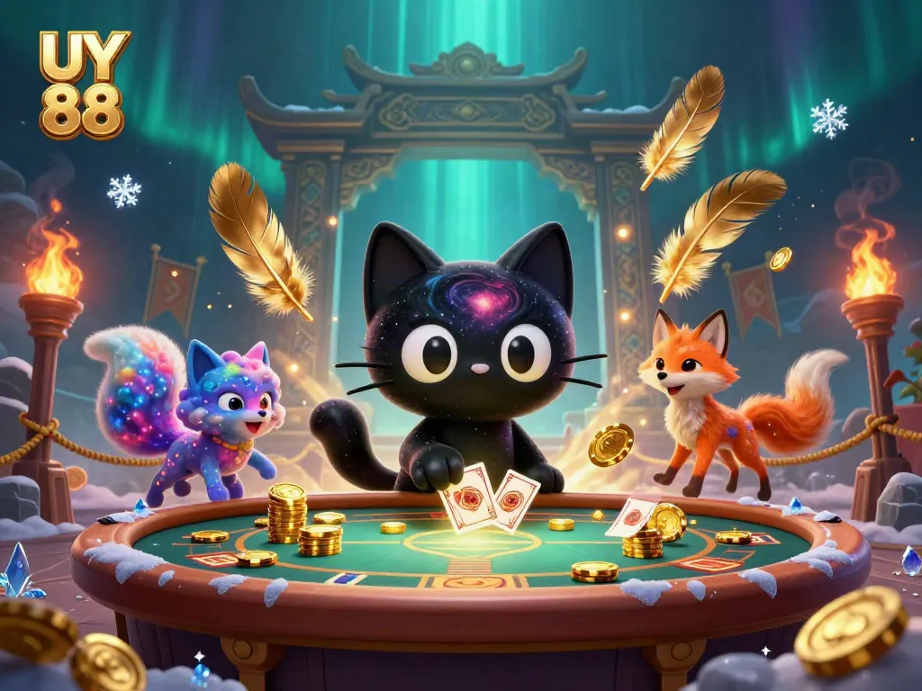 Catch exciting moments at UY 88, where a black hole cat draws in chips and cards in a colorful cosmic casino scene.