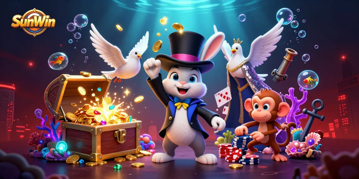 Engage with SunWin's thrilling games as a rabbit magician conjures golden coins, captivating in a vibrant casino scene.