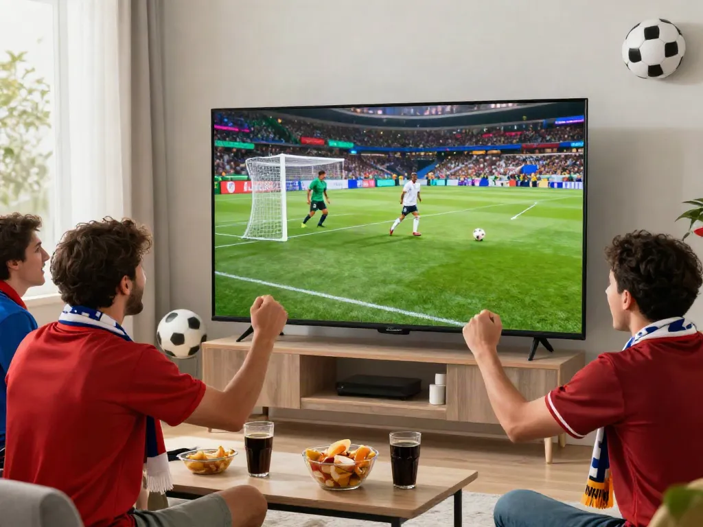 Excited fan watches live football match on Xôi Lạc TV with friends.