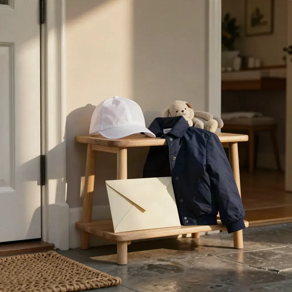 Hallhylla med barnjacka, regnkeps, kuvert och mjuk leksak i varmt kvällsljus