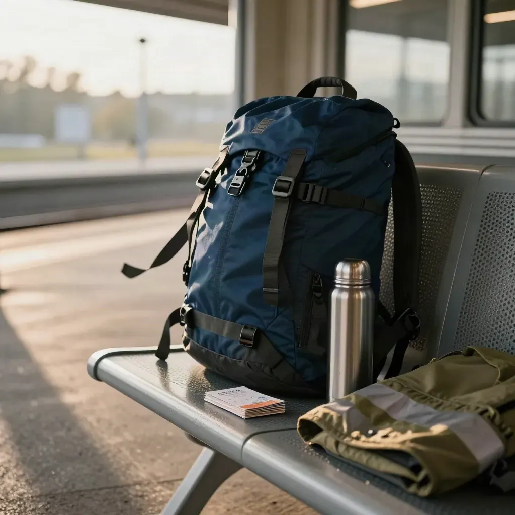 Ryggsäck, termos och reflexväst på en stationsbänk i dimmig morgon vid perrongen.