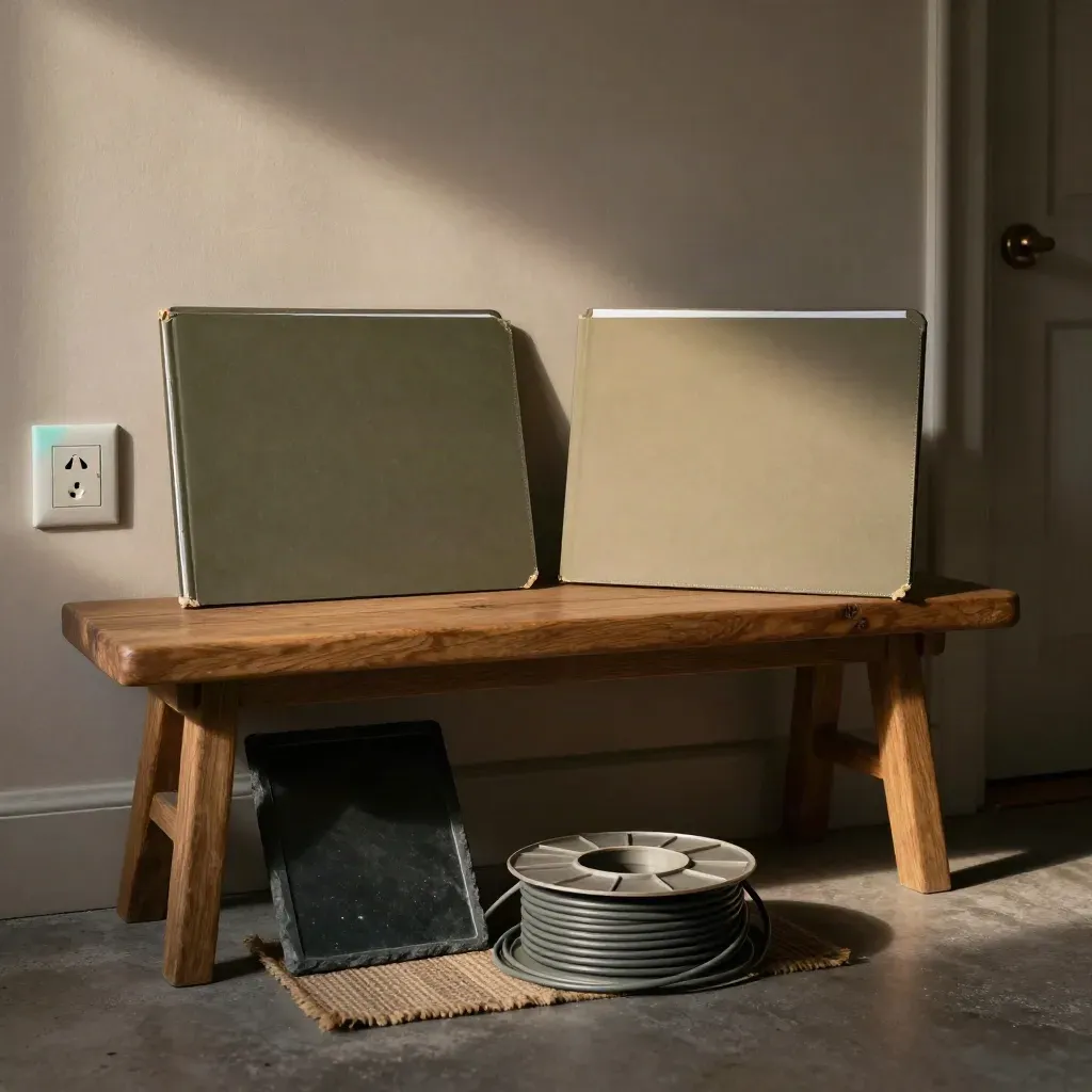 Två öppna mappar, surfplatta, väggkontakt och kabelvinda i dramatisk hallbelysning.