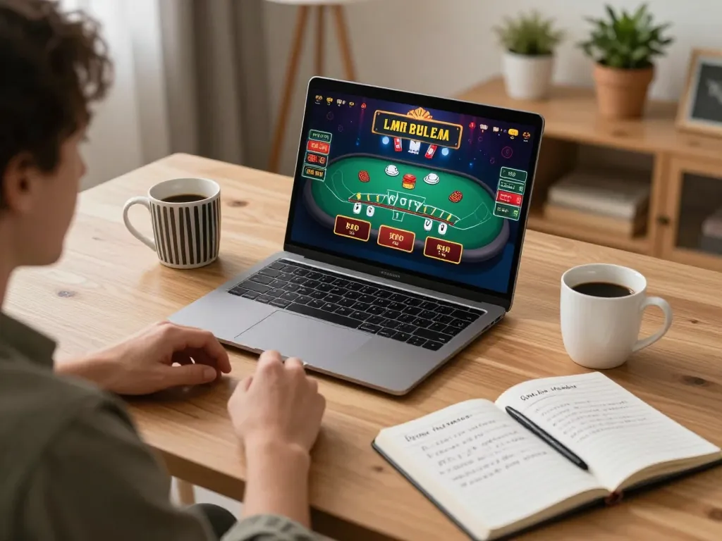 Player enjoying Fun88 live dealer game on laptop with responsible gaming notes nearby