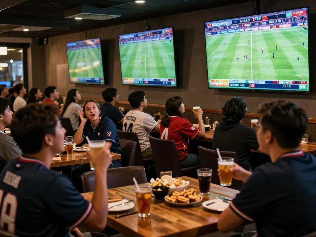 Socolive Truc Tiep Bong Da being enjoyed in a lively sports bar setting with fans celebrating and engaging.
