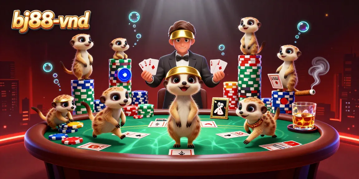 Experience excitement at bj88-vnd by playing poker with delightful meerkats in a vibrant casino setting.