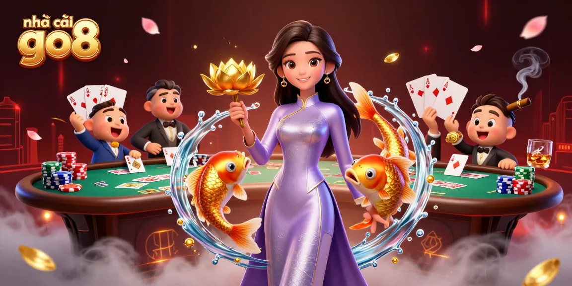 Experience thrilling play at nhà cái go8 with elegant characters and dynamic casino elements in this vibrant illustration.