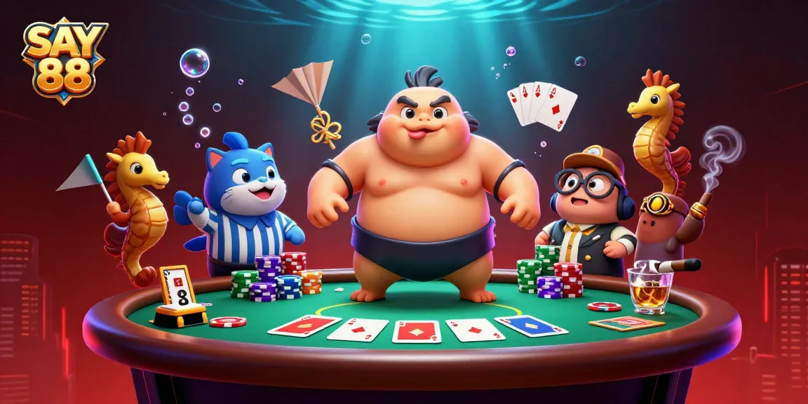 Engage in thrilling gameplay with SAY 88's vibrant 3D digital casino scene featuring poker excitement and underwater charm.