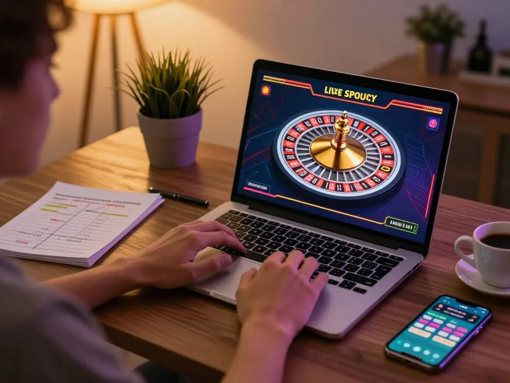 Nohu 90 player engaging with live roulette game on laptop in cozy home setup.