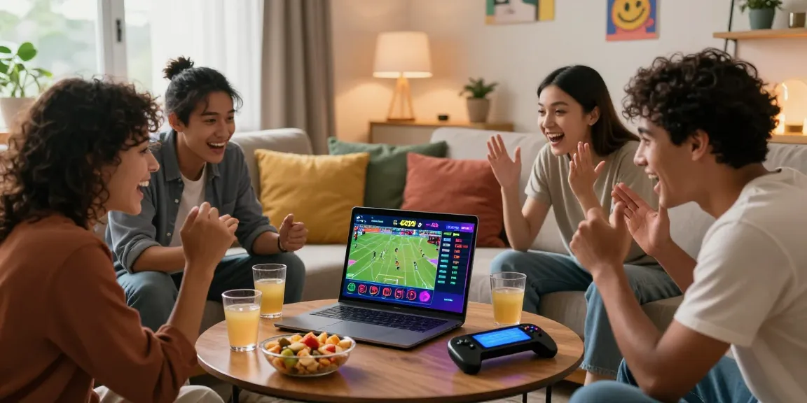 Friends enjoying the GO99 com gaming experience in a cozy living room, showcasing excitement with snacks and lively atmosphere.
