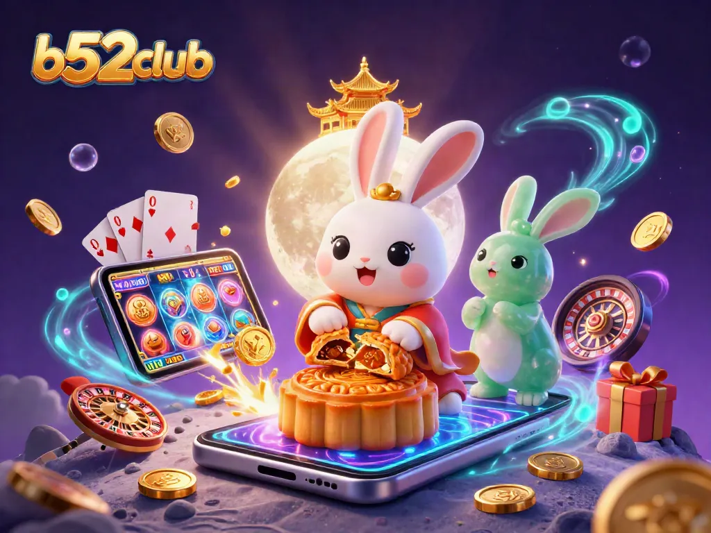 Experience the thrill of b52club with a vibrant illustration featuring moon rabbits and casino elements.