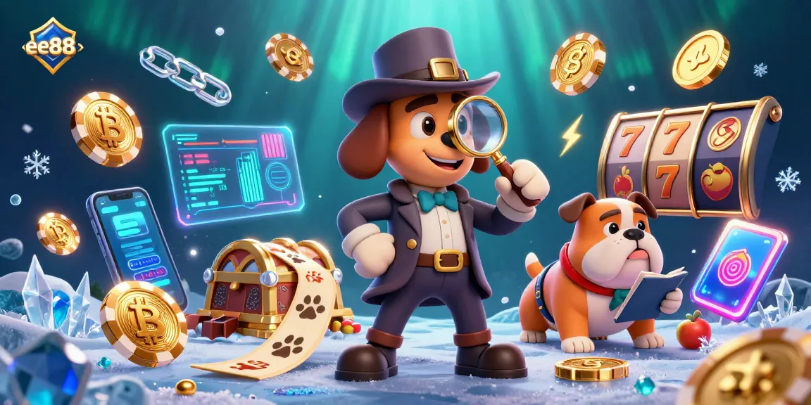 Uncover thrilling adventures with ee88, as a detective explores a golden poker chip clue amid a vibrant casino scene.