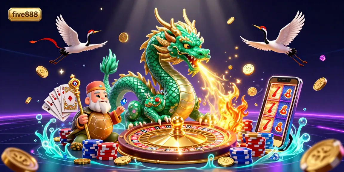 Experience the immersive gambling realm of five888 with a vivid 3D illustration featuring a jade dragon and casino elements.