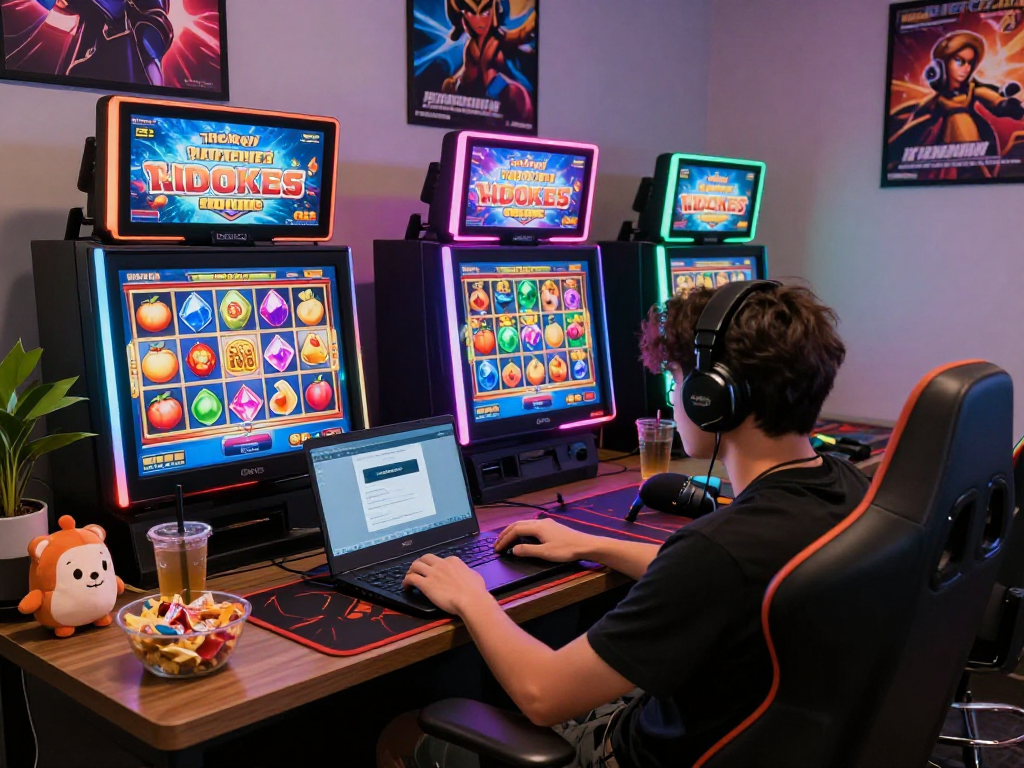Experience the excitement of rokok88 login in a vibrant online gaming environment with animated slot machines and an inviting setup.
