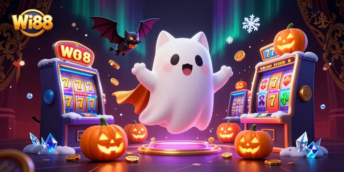 Wi88 ghost cat and bat play in a vibrant casino with dynamic slots and glowing elements.