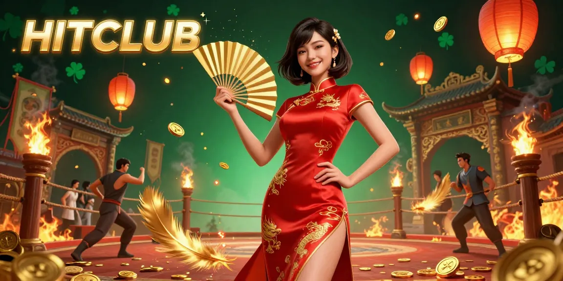 Experience the thrill at HITCLUB, featuring a confident Asian woman amidst floating lanterns and gold coins, ideal for online gambling.