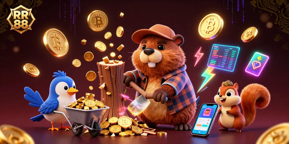 Experience the thrill of RR 88 as cartoon characters celebrate winnings with coins raining down in a vibrant casino.