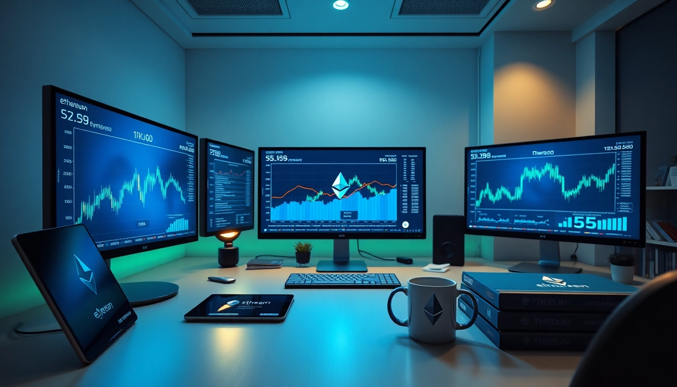 Ethereum kurs displayed on multiple screens in a modern financial workspace.