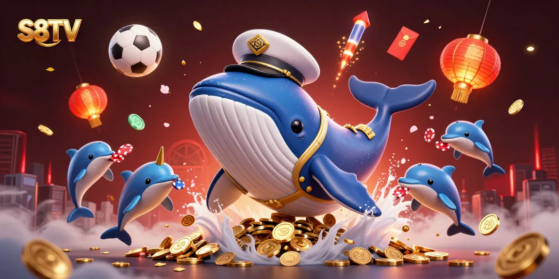 S8TV showcases an exciting environment with a cartoon whale, narwhal, and dolphins in a dynamic sports betting scene.
