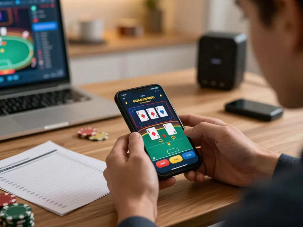 Engaging player using mobile app for UU888 casino gaming, focusing on poker strategy.