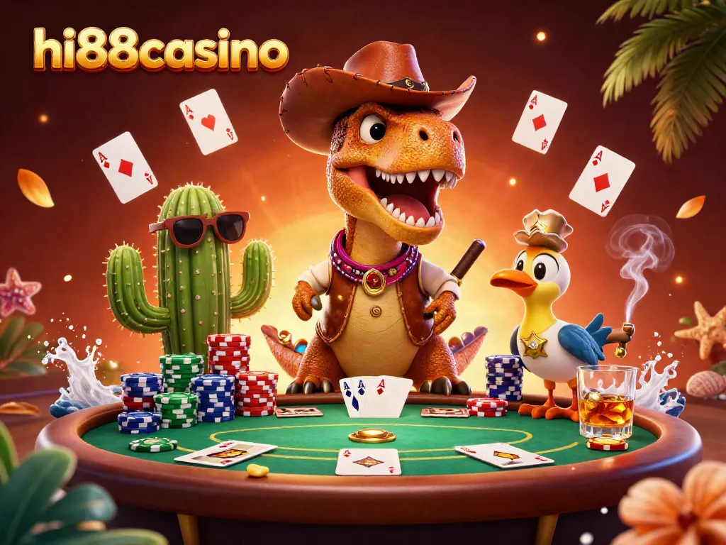 Engage in exciting poker gameplay at hi88casino with vibrant characters and dynamic casino elements.