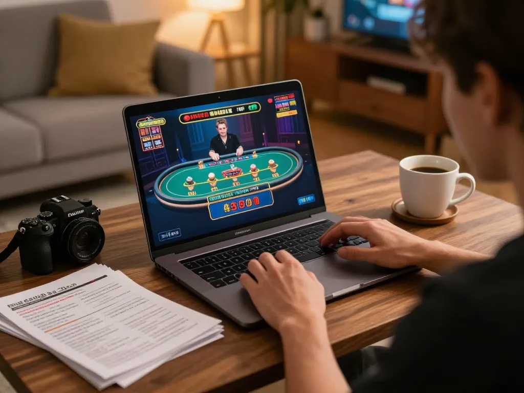 Engaging online casino gaming scene showcasing live dealer gameplay at https://8kbets.moe/ with cozy home ambiance.