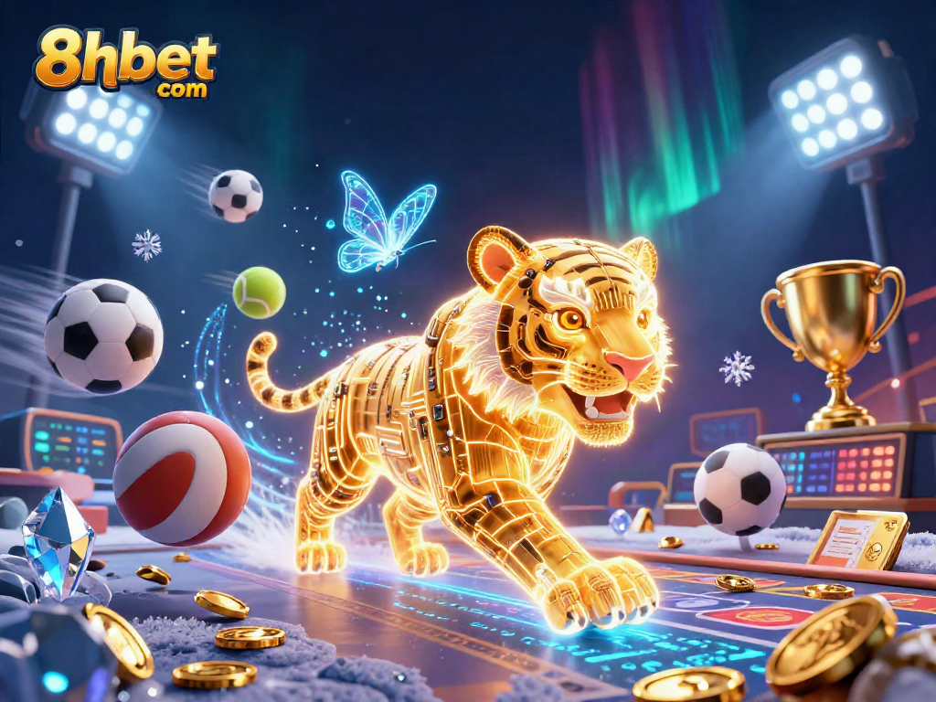 Engage with exhilarating gaming experiences at 8xbet com, featuring a neon golden tiger and sports elements.