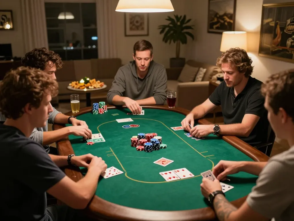 Engaged players strategizing in an exciting poker night at home, featuring vin88lk atmosphere.