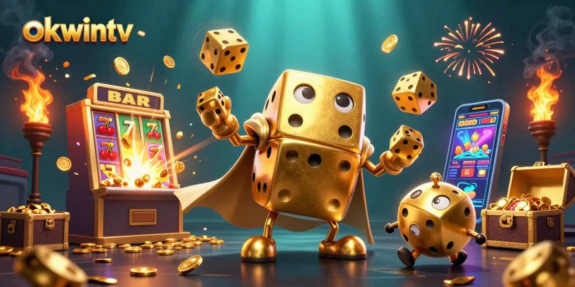 Experience seamless sports betting with okwintv, featuring a vibrant 3D illustration of golden dice and dynamic casino elements.
