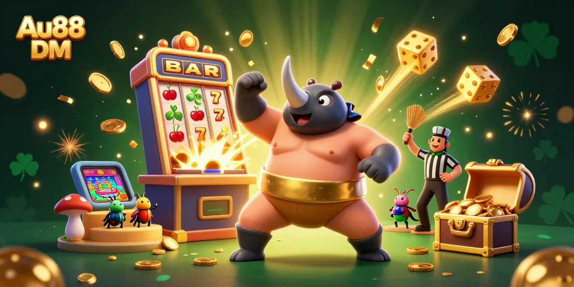 Engage with the vibrant excitement of Au88 DM featuring a 3D rhinoceros beetle champion amidst a rich casino scene.