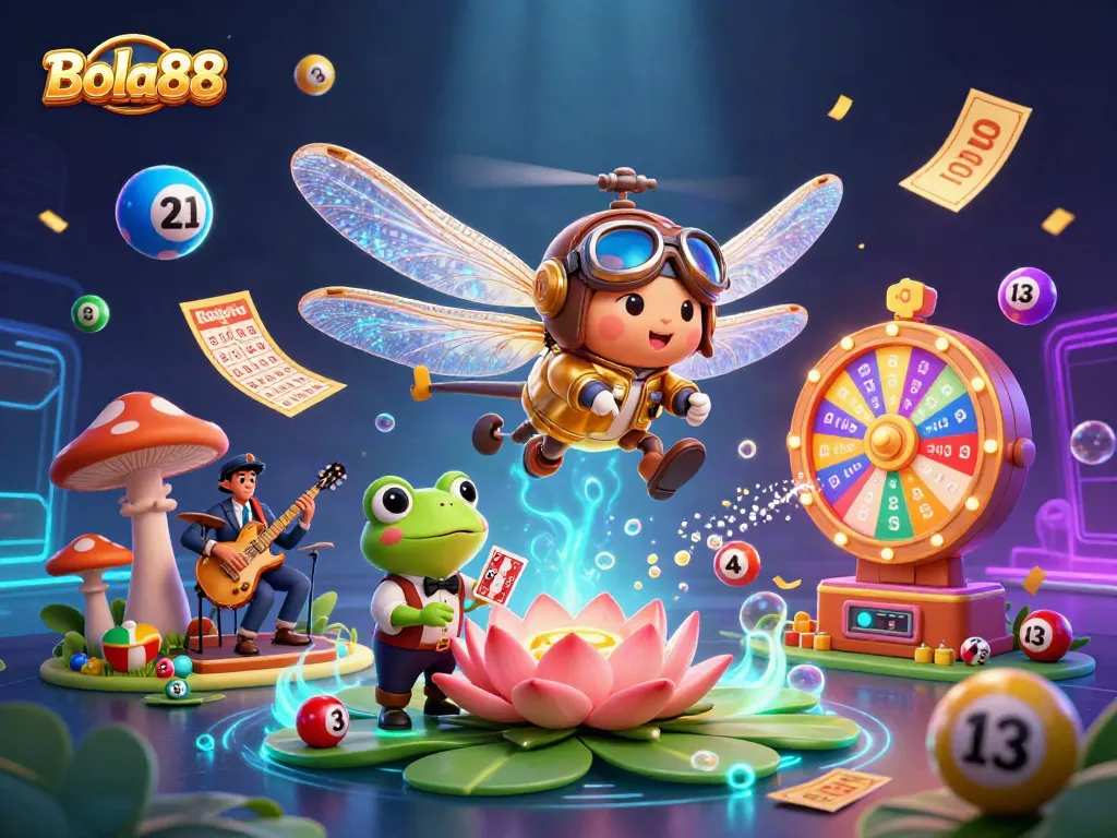 Bola88 showcases a captivating casino scene with a dragonfly pilot, frog dealer, and vibrant game elements.