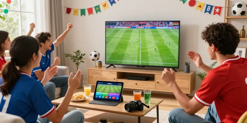 View of a lively home football streaming setup with friends enjoying thập cẩm tv.