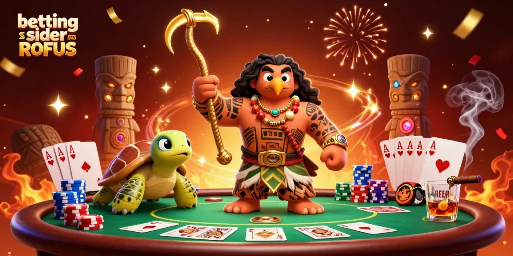 Betting sider uden ROFUS in an energetic casino scene with a Maui demigod, poker elements, and festive effects.