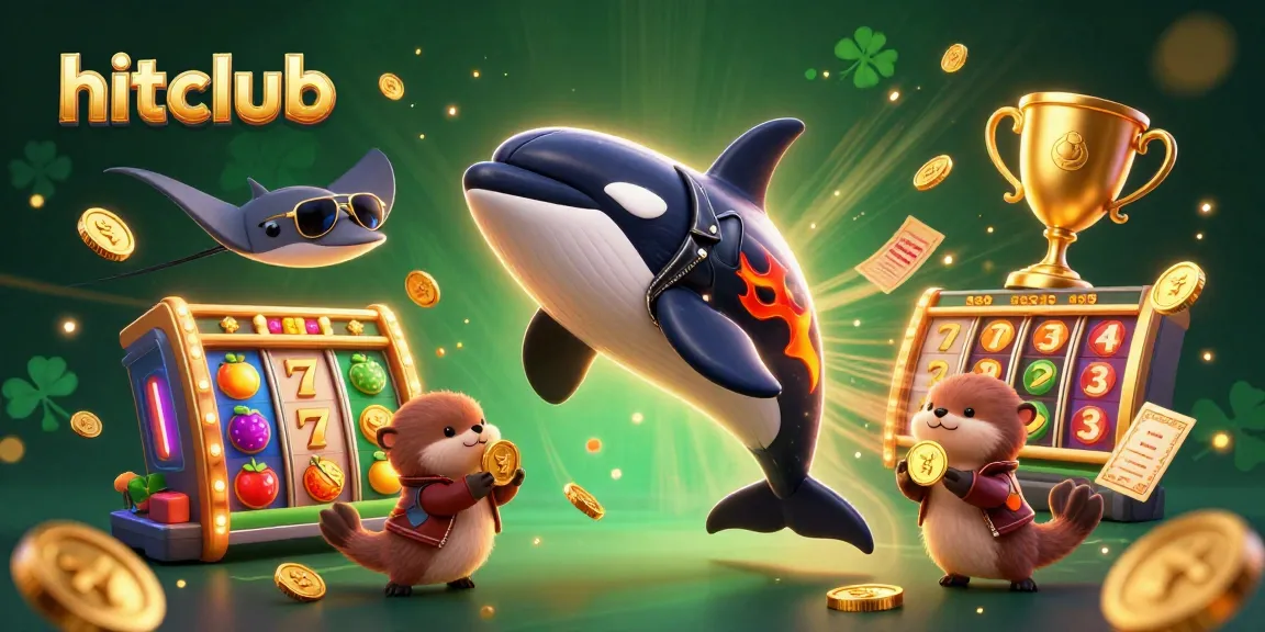 Hitclub showcases thrilling slot action with a 3D orca jumping, surrounded by dazzling casino elements and vibrant characters.