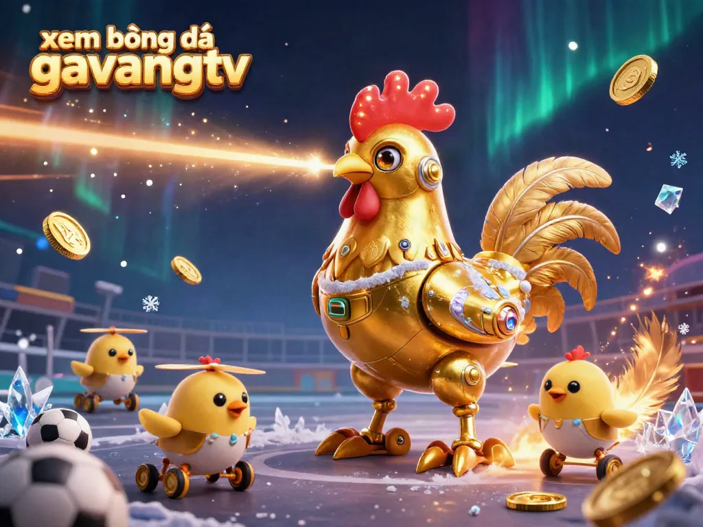 Watch xem bóng đá gavangtv with a vibrant rooster robot and chick drones in a sports betting scene.