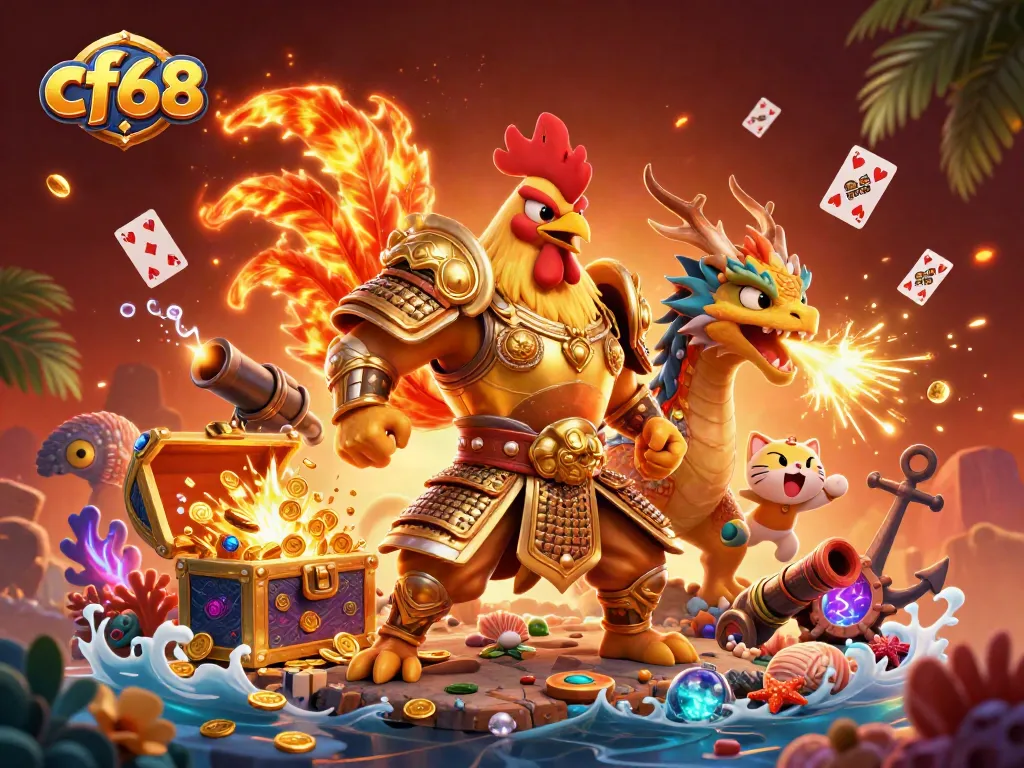 Experience thrilling wins with cf68's vibrant scene of a rooster warrior and dragon amid casino treasures.