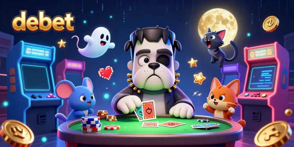 Experience thrilling gameplay at Debet with a cartoon bulldog dealer and ghost mouse amidst arcade machines.