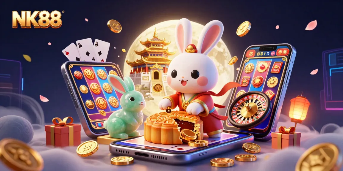 Spin and win with NK88's vibrant casino illustration featuring legendary moon rabbits.