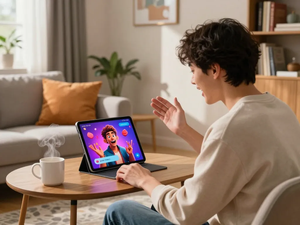 Engaging with ai 18+ character on a tablet in a stylish living room, showcasing modern virtual interaction.
