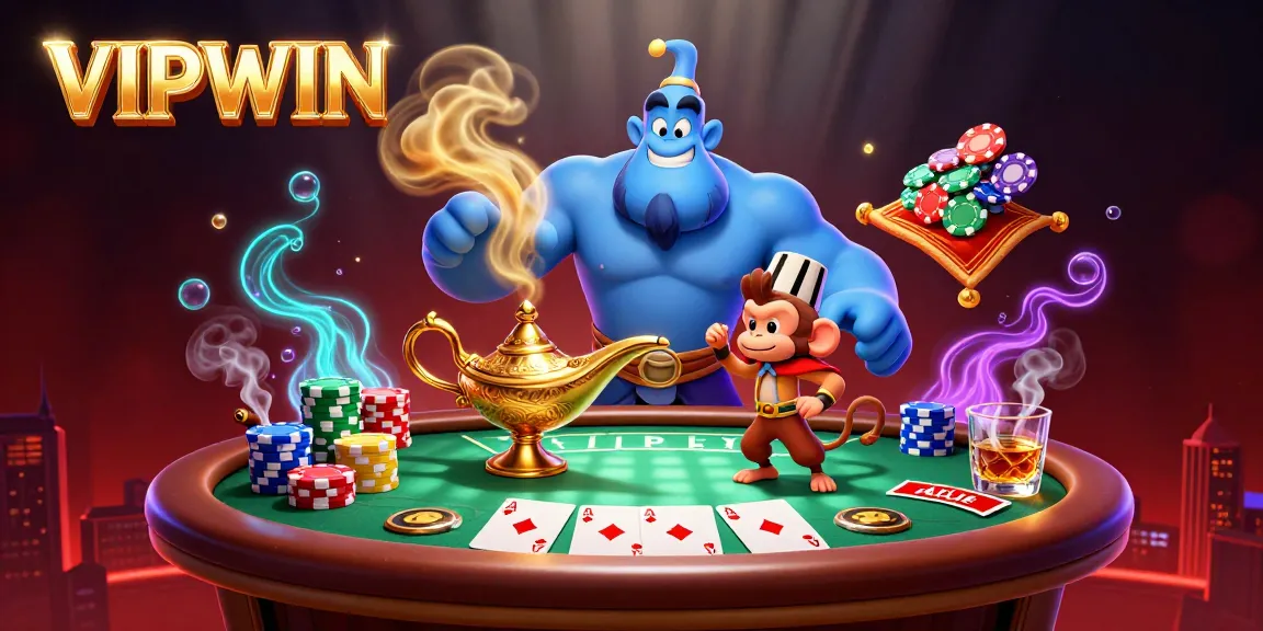 Engage with VIPWIN's vibrant gaming world featuring poker chips, a genie, and a magic carpet.