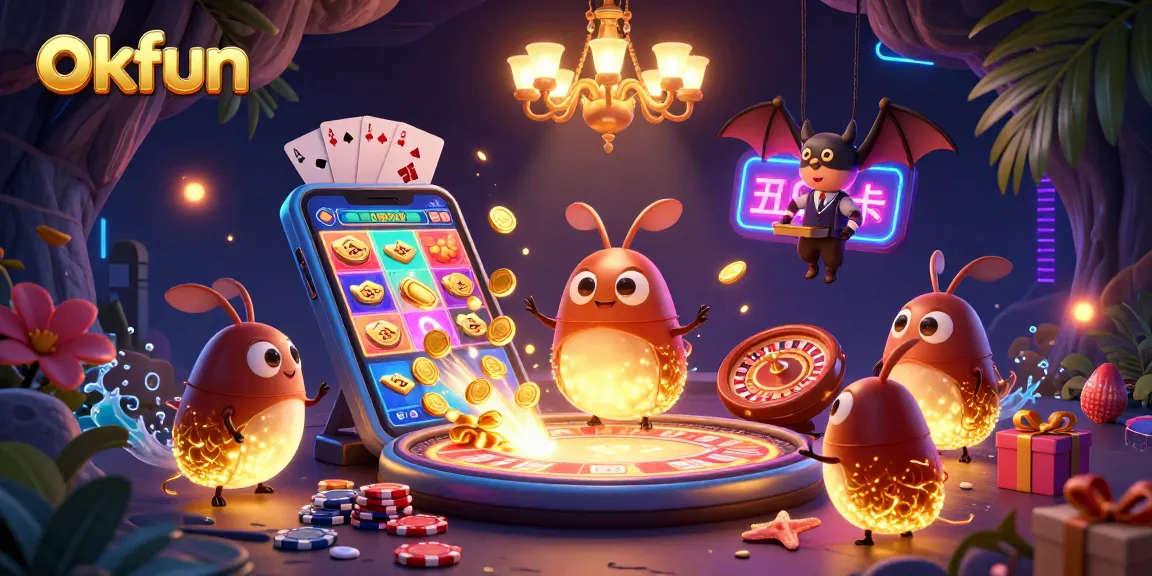 Engage with okfun's vibrant casino scene featuring a glowworm team and dynamic gaming elements.