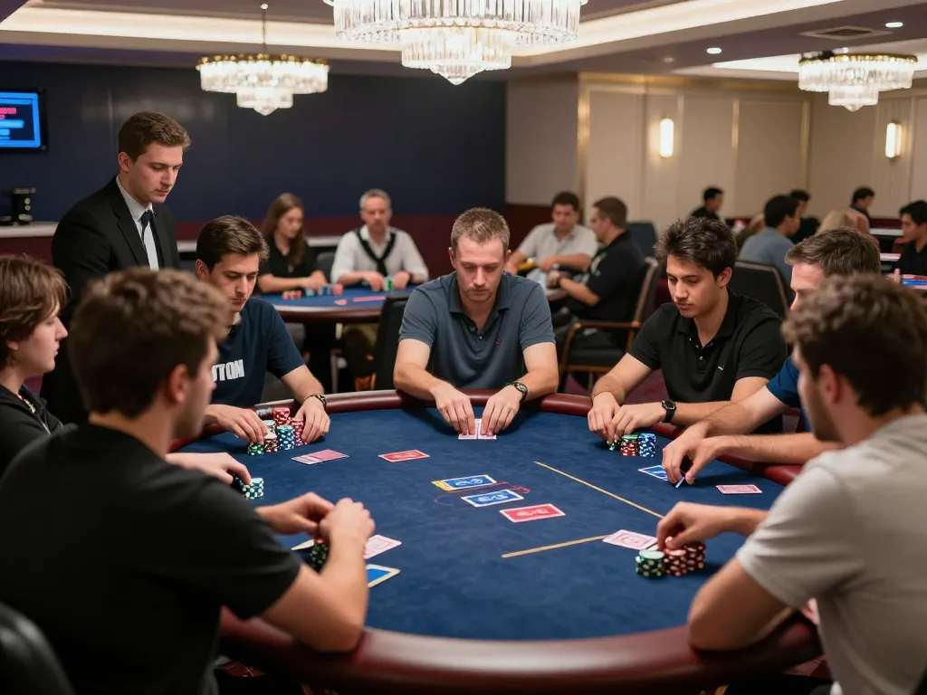 lu88vip poker players strategizing around an upscale table in a vibrant casino.