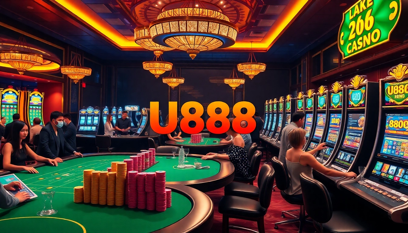Players enjoying high-stakes casino games at U888, featuring vibrant slot machines and poker chips.