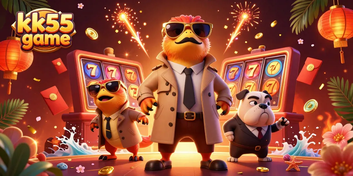 The scene showcases three 3D cartoon raptors disguised to enter a VIP lounge, representing the kk55 game atmosphere.