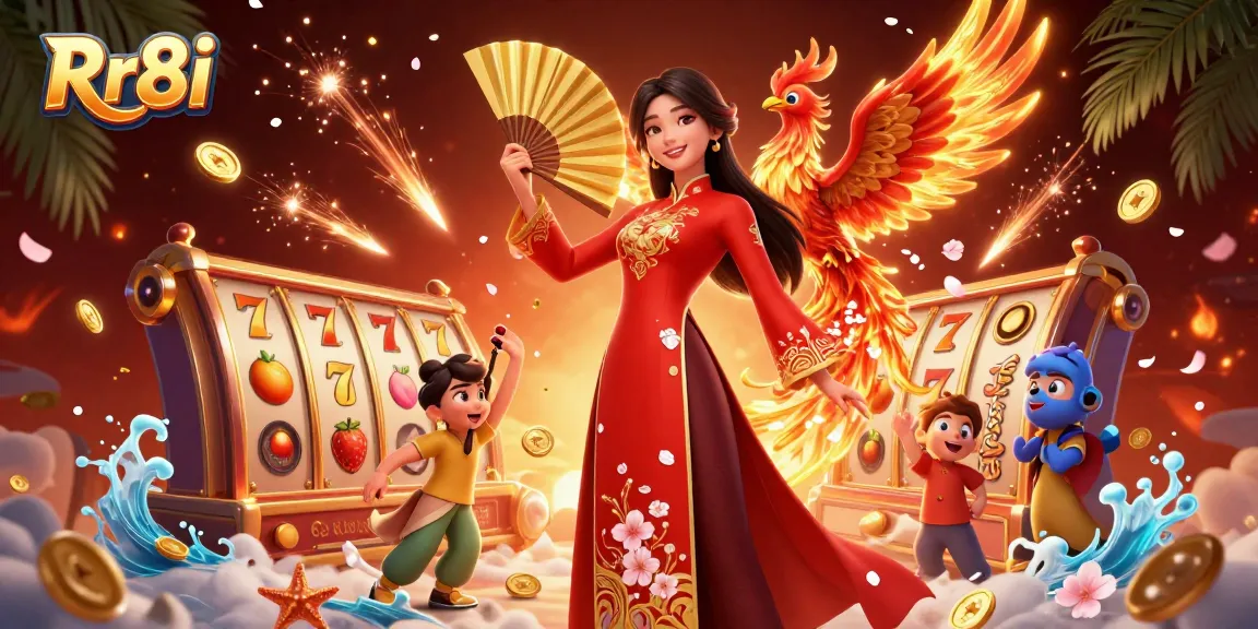 Engage in exhilarating gameplay with Rr8i's dynamic casino scene featuring vibrant slot reels and cultural elements.
